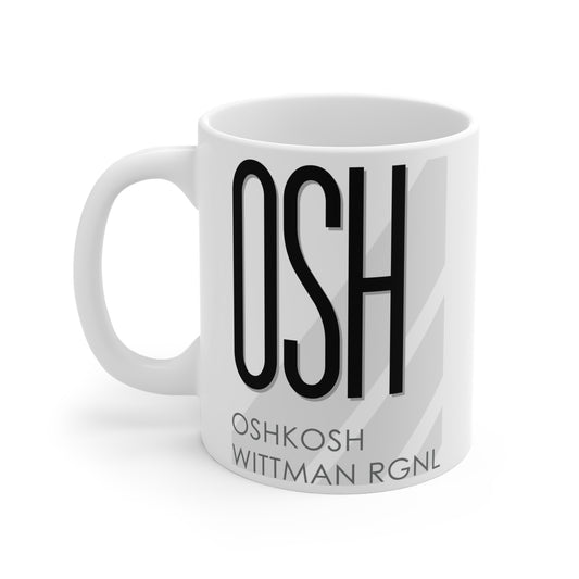 Oshkosh Wittman Rgnl, OSH. 11oz Airport Mug (Gray Stripes OSH)