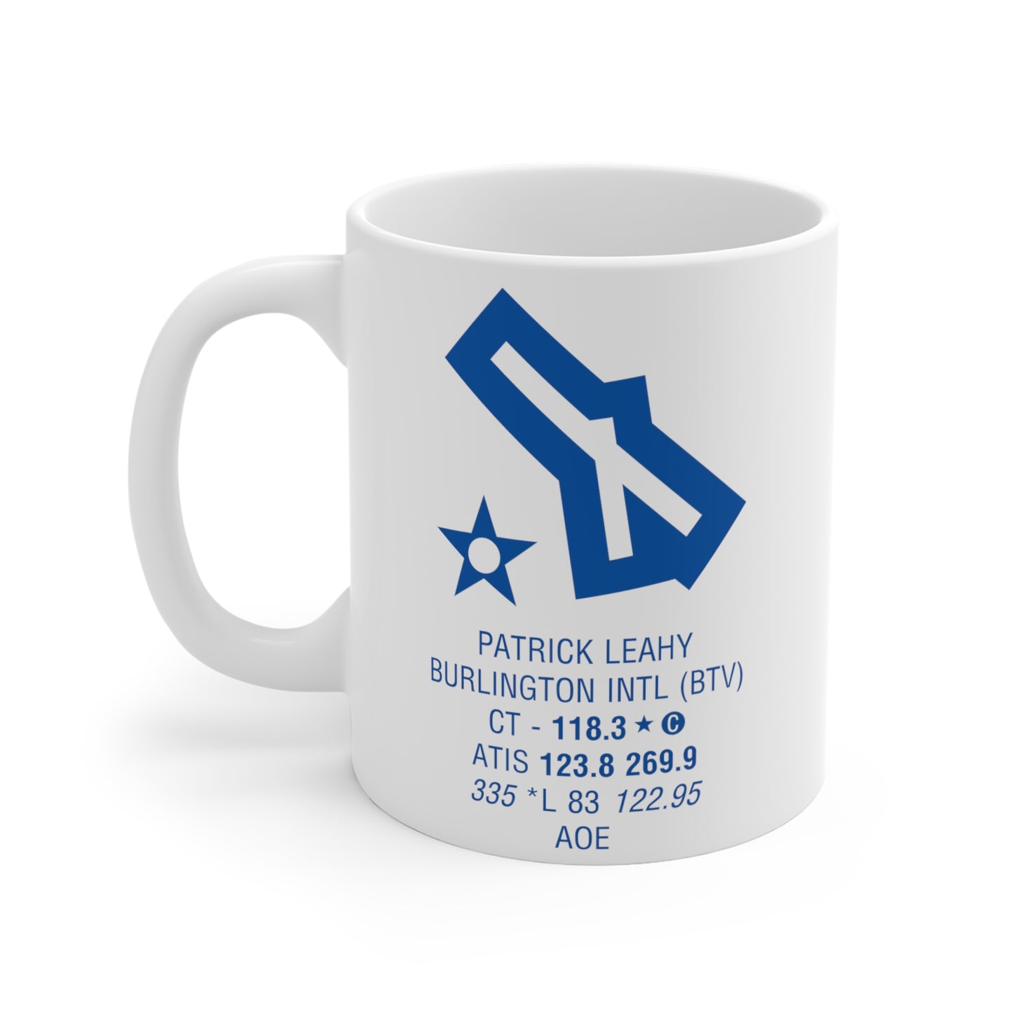 Patrick Leahy Burlington Intl, BTV. 11oz Airport Mug (Brown)