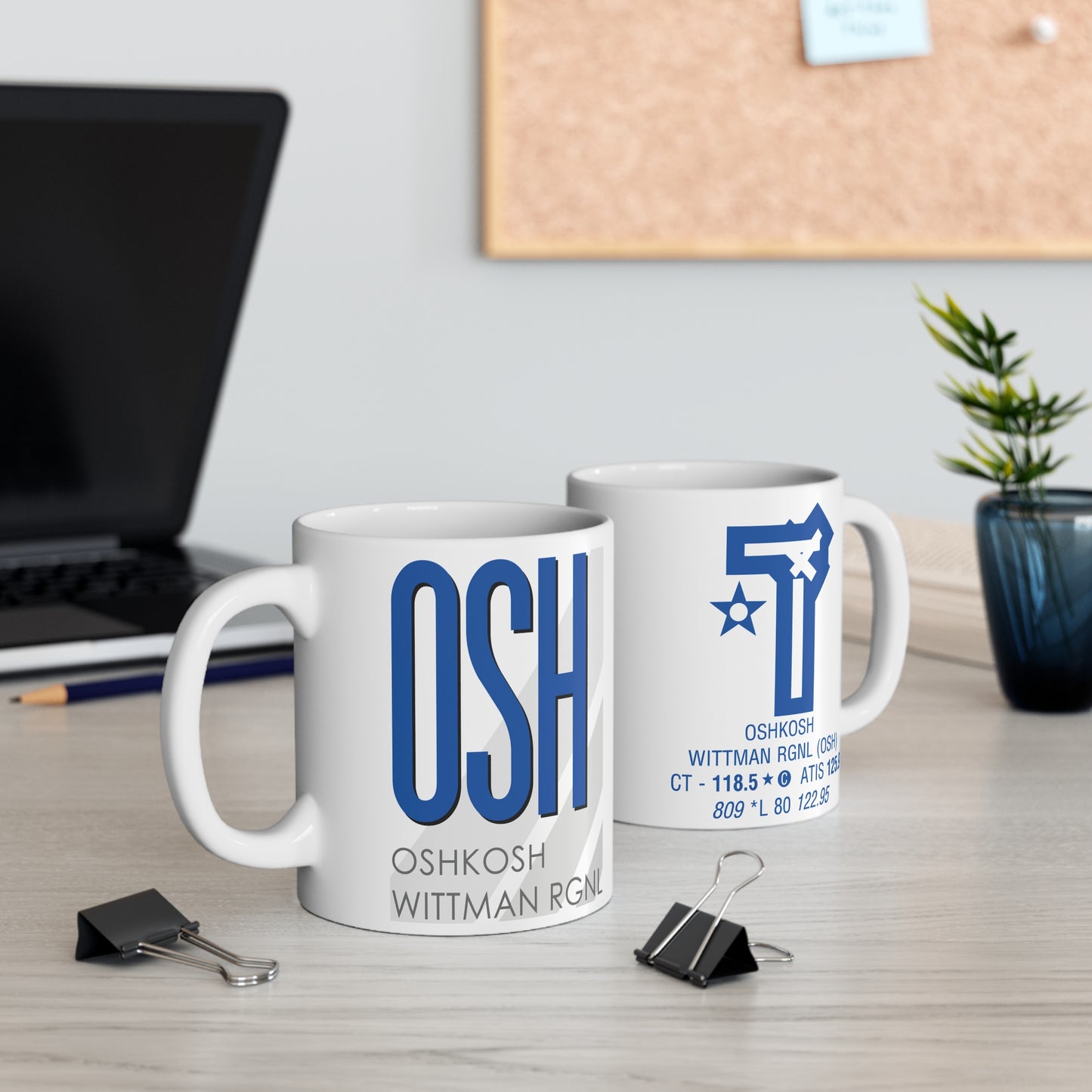 Oshkosh Wittman Rgnl, OSH. 11oz Airport Mug (Blue OSH)