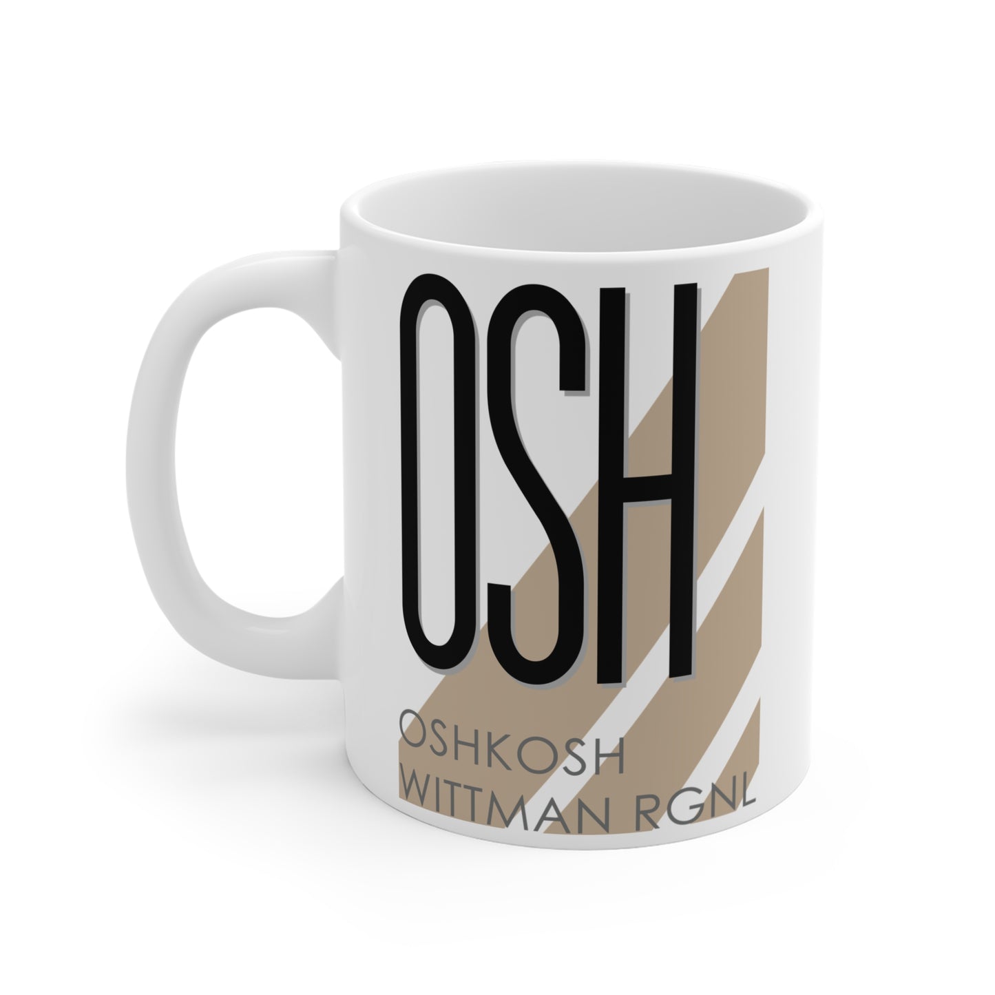 Oshkosh Wittman Rgnl, OSH. 11oz Airport Mug (Cool Brown Stripes OSH)