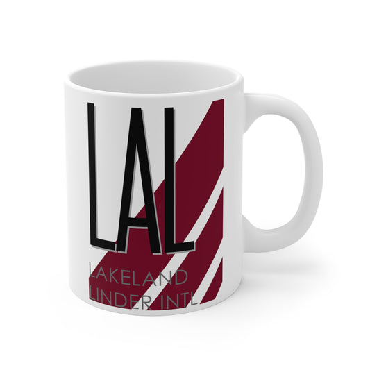 Lakeland Linder Intl, LAL. 11oz Airport Mug (Magenta Stripes)