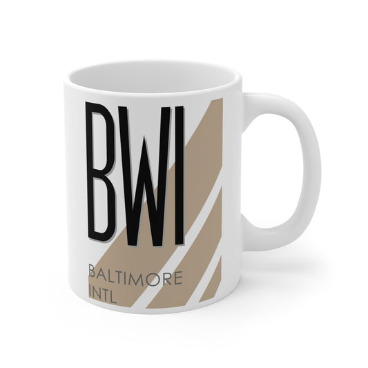 Baltimore-Washington Intl Thurgood Marshall, BWI. 11oz Airport Mug (Cool Brown)