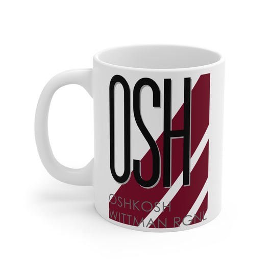 Oshkosh Wittman Rgnl, OSH. 11oz Airport Mug (Magenta Stripes OSH)